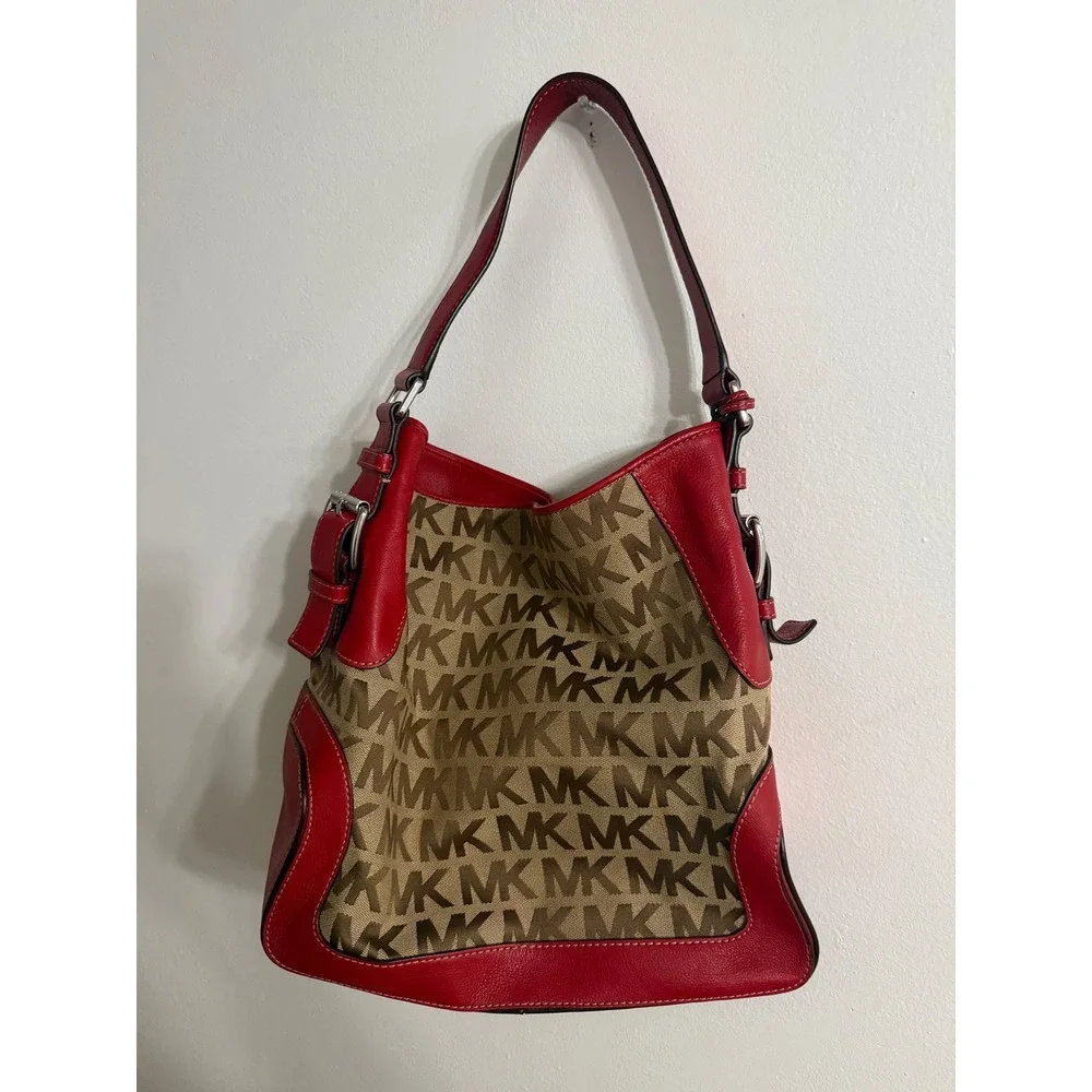 Michael Kors Signature Monogram Canvas Red Leather Brookville Tote